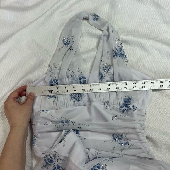 Y2K White Blue Halter Neck Ruffle Hem Dress - Picture 2 of 7